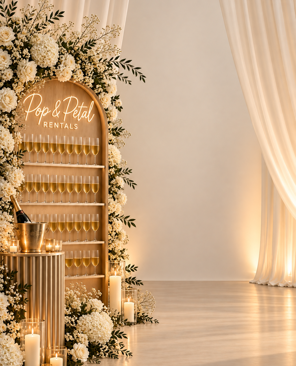 A champagne wall with a neon Pop & Petal Rentals sign, styled with white and ivory florals and candlelight